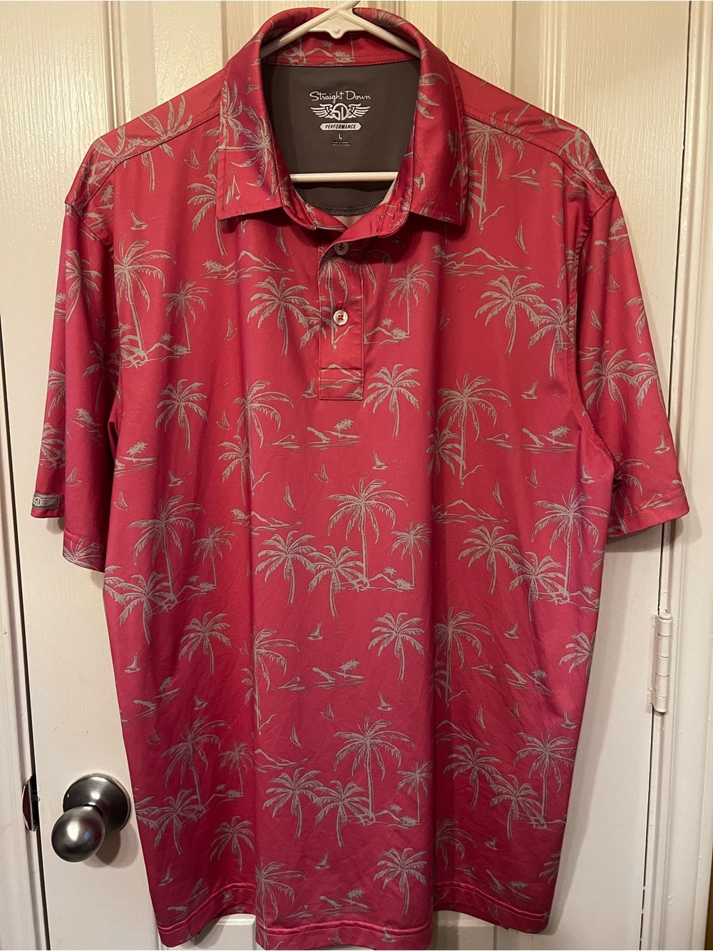Straight Down Performance Coral Pink Palm Tree Golf Polo, Size L